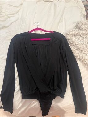 Free People Black Long-Sleeve Surplice Bodysuit